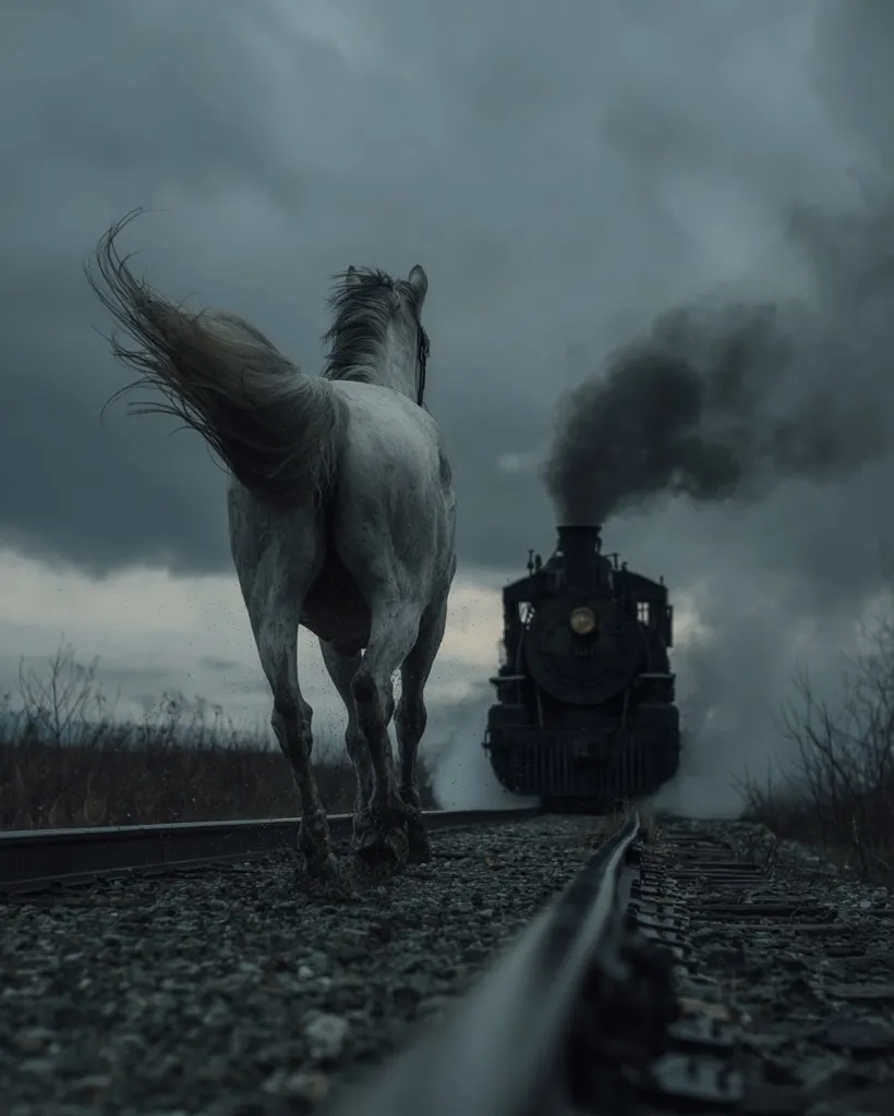 A white horse with a flowing mane and tail walks away from the camera down a railway track.  A dark, steam-powered locomotive, billowing smoke, approaches in the distance under a brooding, overcast sky. The scene is atmospheric and evokes a sense of solitude and the passage of time.  The gravel of the tracks and the horse's muddy legs add texture to the image.