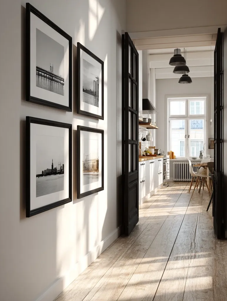 Sunlight streams through a hallway adorned with black-framed cityscape prints.  The hallway leads to a bright kitchen with white cabinets and a wooden floor.  Black French doors frame the view, highlighting the minimalist and modern design of the space.  The overall aesthetic is clean, airy, and sophisticated.