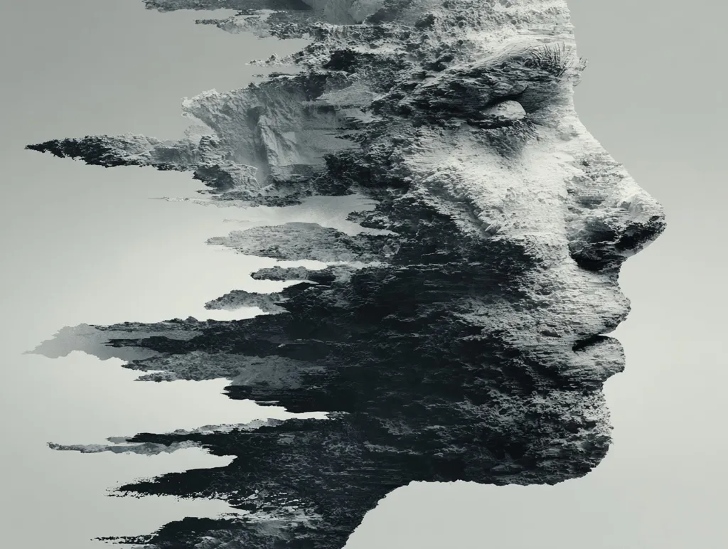 A monochromatic digital art piece depicts a profile of a face dissolving into a rocky, mountainous texture.  The grayscale palette emphasizes the textural contrast, with the face seemingly eroding or transforming into a rugged landscape.  The image evokes a sense of disintegration or metamorphosis, creating an abstract and thought-provoking visual.