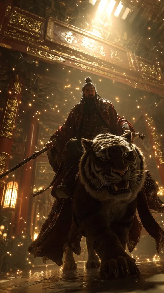 A regal figure, adorned in rich, dark red robes, sits atop a majestic white tiger.  They traverse a grand, ornate golden gateway, illuminated by warm, ethereal light and floating golden particles. The scene evokes a powerful, mystical atmosphere, suggesting a character of significant importance and authority within a fantasy or historical setting. The long, dark beard and stern expression add to the imposing presence.