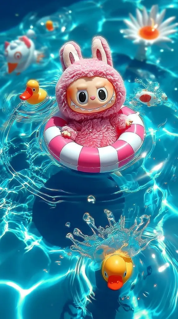 A pink bunny-shaped plush toy floats on a pink and white inflatable ring in a sparkling blue pool.  Two yellow rubber ducks are also present, one calmly floating and another creating a splash as it enters the water.  A white flower and another indistinct toy add to the whimsical, summery scene. The water's vibrant blue and the playful toys create a cheerful image.