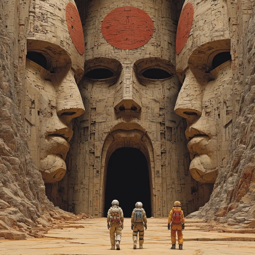Three astronauts in spacesuits walk towards a massive, ancient-looking structure carved into a cliff face.  The structure features three colossal, weathered faces flanking a large arched entrance.  The faces have distinct red circular markings. The scene is set in a desolate, sandy landscape, creating a sense of mystery and exploration.