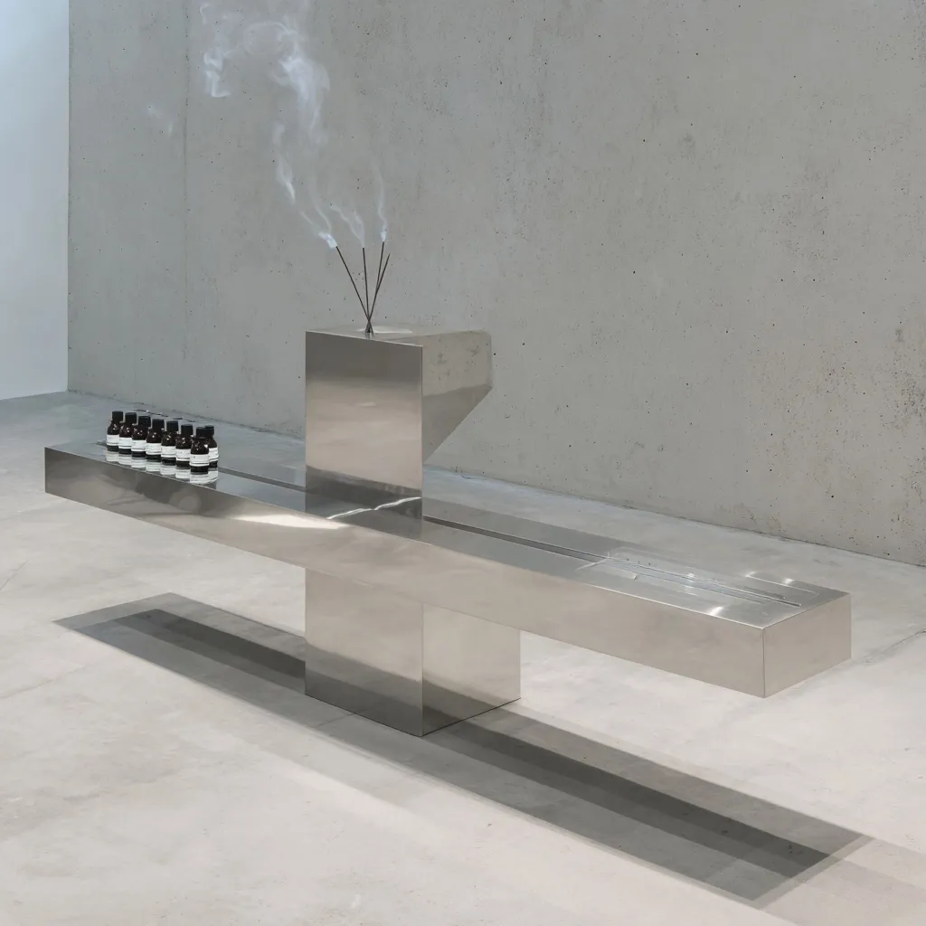 A minimalist, brushed-steel display features a long, low rectangular platform with a smaller, upright cube at its center.  Incense sticks burn atop the cube, emitting wisps of smoke.  A row of small, dark bottles rests on the platform's surface. The entire piece is situated against a textured, light grey concrete wall.  The clean lines and metallic sheen create a modern, almost austere aesthetic.