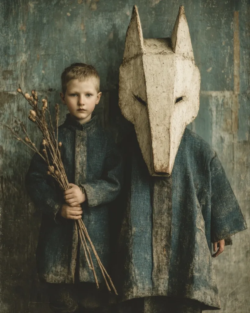 A young boy stands beside a person wearing a large, rustic wolf mask. Both are dressed in dark, textured coats, creating a somber mood. The boy holds a bundle of dried twigs, adding to the image's antiquated feel.  The background is a distressed, teal wall, enhancing the overall atmosphere of age and mystery.