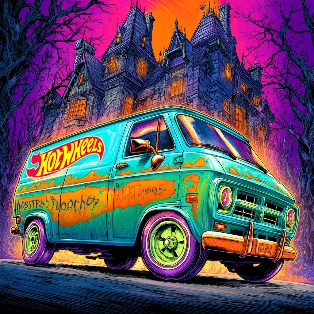 A vibrant illustration depicts a teal Hot Wheels van, adorned with graffiti, driving past a spooky, gothic mansion under a fiery, purple sunset.  Bare, dark trees frame the scene. The van's design is detailed, showing wear and tear, adding to its vintage charm. The overall style is a blend of cartoon and realism, creating a striking visual effect.