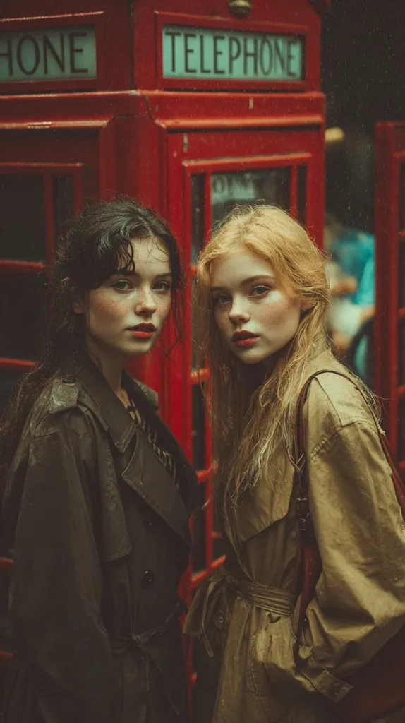 Two young women stand side-by-side, wearing trench coats, beside a classic red telephone booth in the rain.  The brunette on the left wears a dark coat, while the blonde on the right sports a tan one. Both women have freckles and look directly at the camera with serious expressions. The scene is moody and atmospheric, with the rain adding to the overall ambiance.