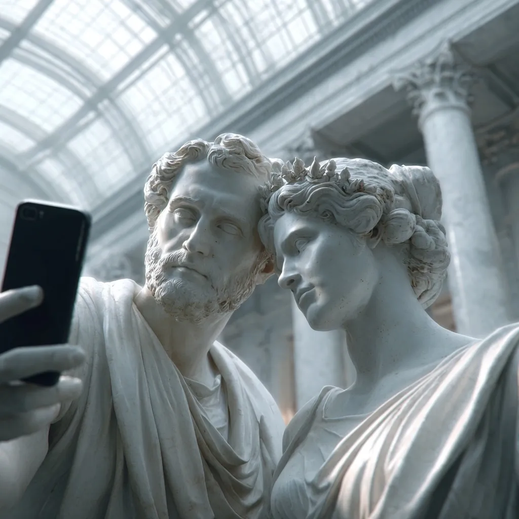 A hand holds a smartphone, taking a selfie with two intricately carved marble statues. The statues, seemingly of a man and woman from classical antiquity, are positioned closely together, their expressions serene yet subtly engaging. The architectural background suggests a grand museum or hall, enhancing the timeless quality of the scene.  The contrast between the modern technology and ancient art creates a captivating juxtaposition.