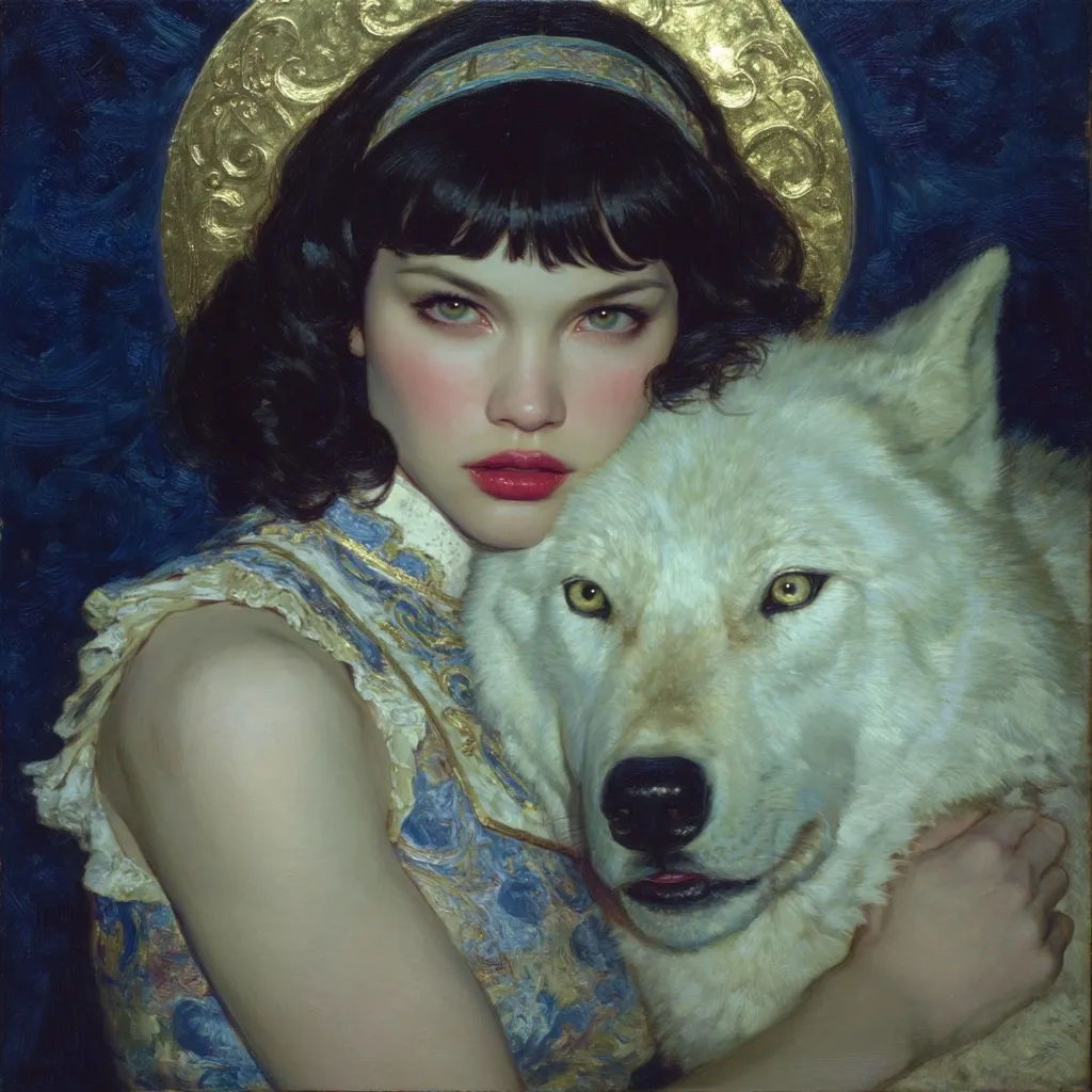 A young woman with dark bobbed hair and a gold headband embraces a large white wolf.  She wears a blue and gold patterned dress, and a golden halo-like circle frames her head.  The painting is rendered in a realistic style with a dark, moody background, creating a mysterious and captivating scene. The woman's expression is serene yet slightly melancholic, mirroring the wolf's calm gaze.