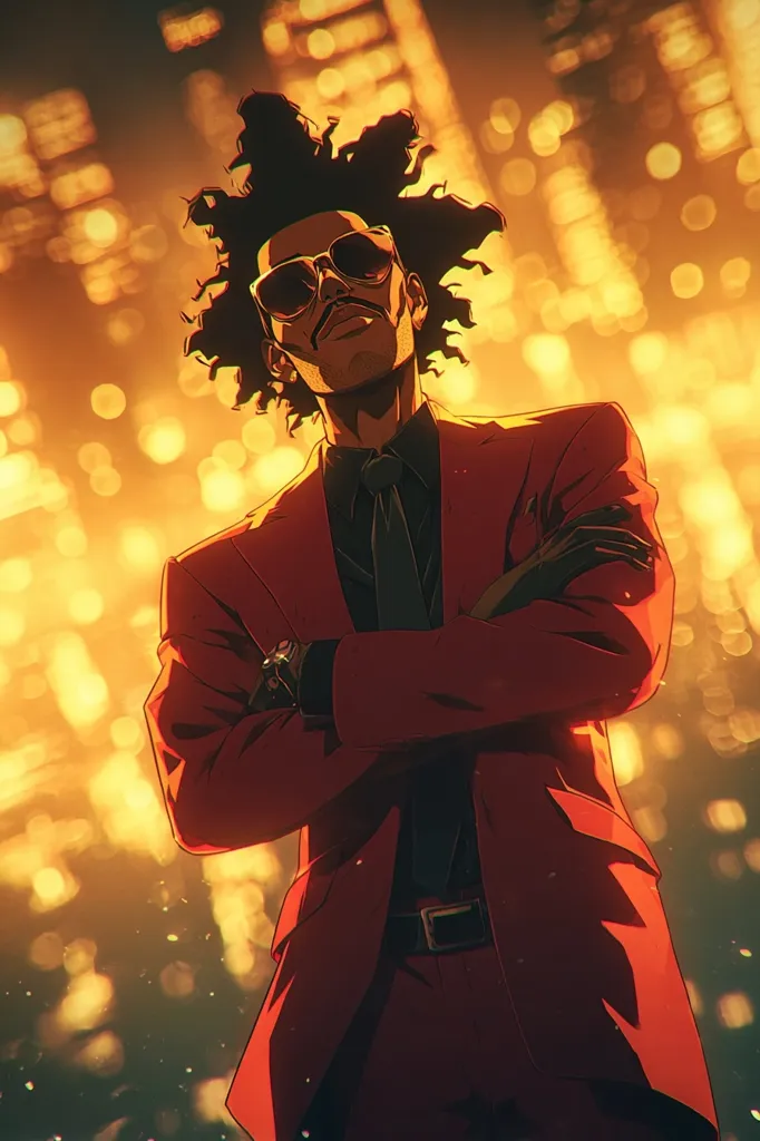 A stylized anime-esque portrait of a man with a large afro, wearing sunglasses and a red suit.  His arms are crossed, and he stands confidently against a backdrop of blurred golden city lights. The artwork is vibrant, with strong contrasts and a dramatic lighting scheme. The overall style is bold and expressive.