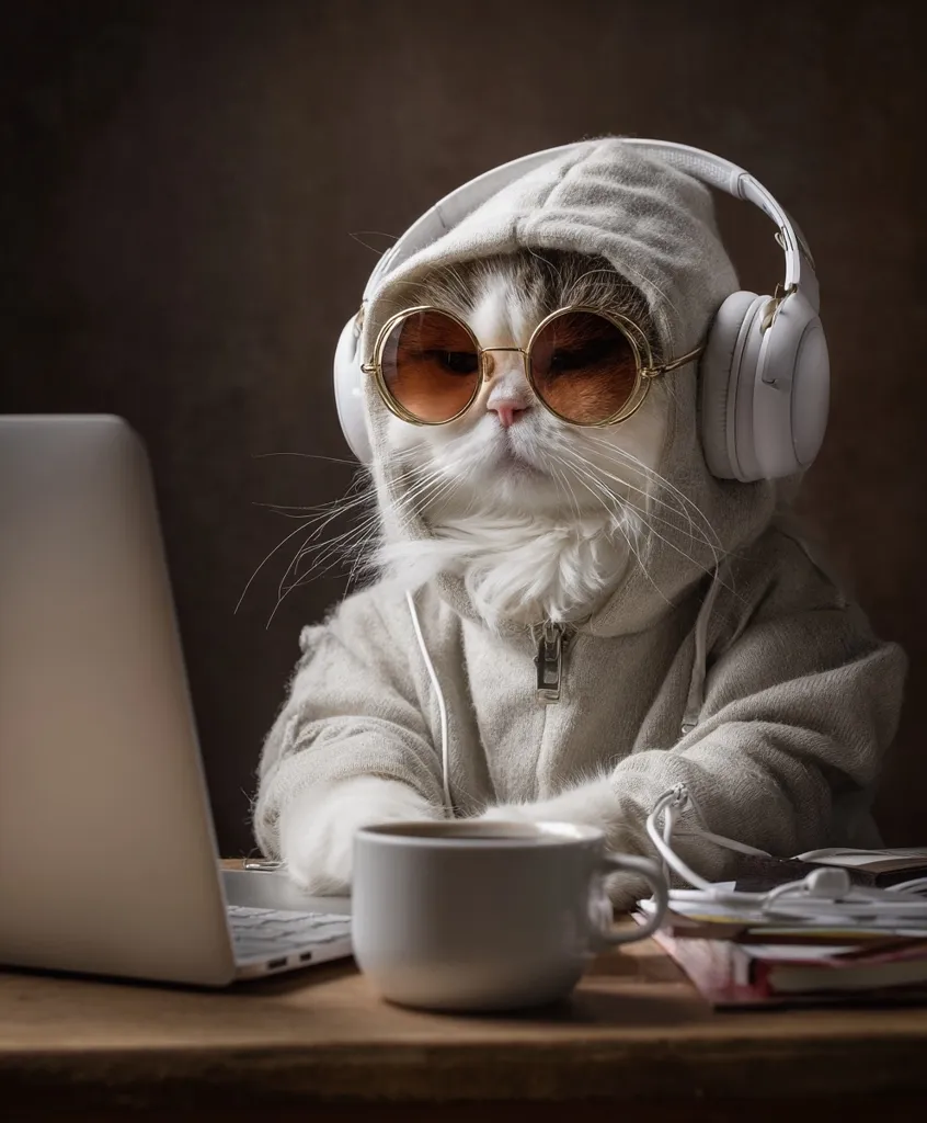 A fluffy cat, wearing a grey hoodie, oversized round sunglasses, and white headphones, sits at a wooden desk.  The cat is using a laptop computer, and a coffee mug sits nearby.  The scene is dimly lit, creating a moody atmosphere. The cat appears focused on its work.