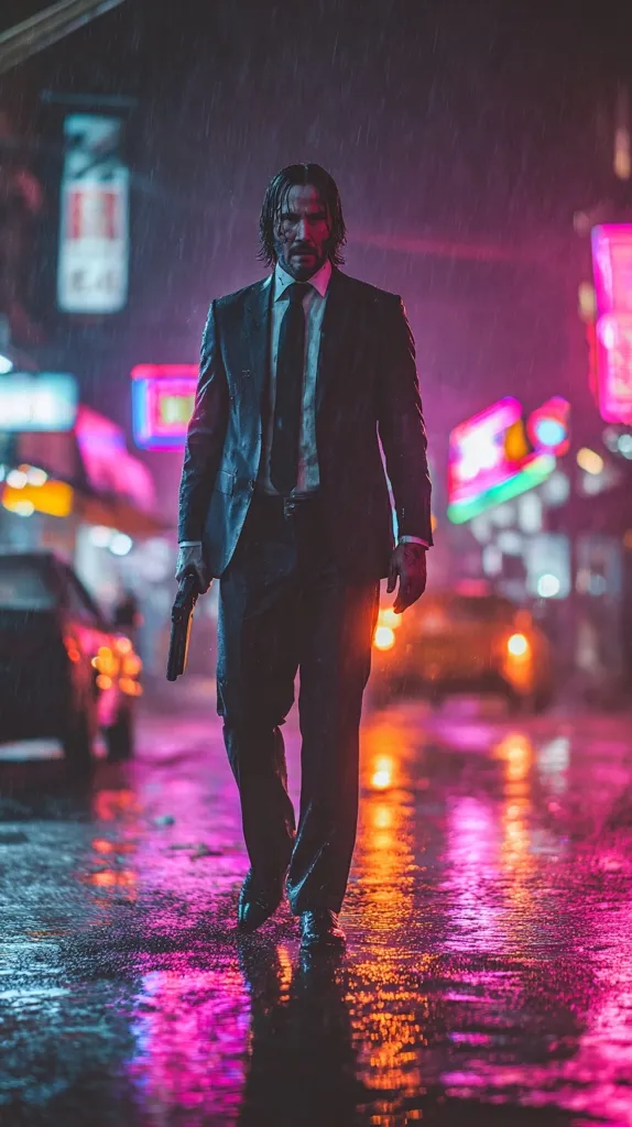 Keanu Reeves, in a dark suit and tie, walks through a rain-soaked city street at night.  Neon lights reflect in the wet pavement, casting a vibrant pink and orange glow. He holds a gun in his hand, his expression serious and determined. The atmosphere is moody and cinematic, suggesting a scene from an action film.