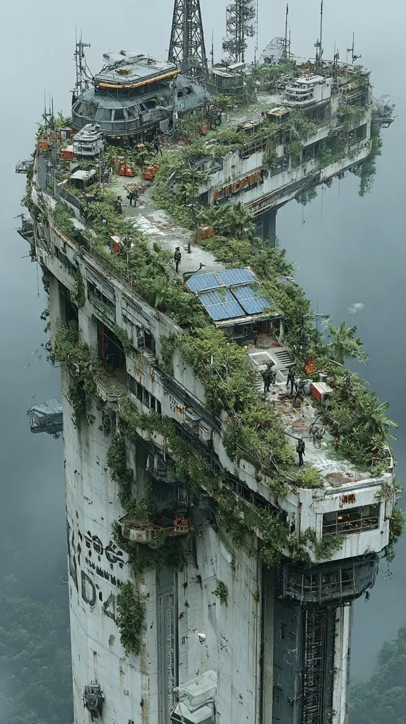 A futuristic, overgrown structure, possibly a derelict space station or research facility, is depicted.  Overgrown with lush vegetation, the building's weathered concrete and metal surfaces show signs of age and decay.  Solar panels are visible, hinting at a past attempt at self-sufficiency.  Figures, possibly survivors or explorers, are scattered on the various levels. The scene suggests a post-apocalyptic or abandoned setting, with the encroaching jungle reclaiming the technology.