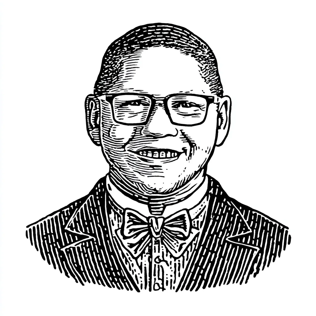A black and white woodcut-style illustration depicts a smiling man with short hair, wearing glasses and a bow tie.  His expression is pleasant and approachable. He is dressed in a suit with visible pinstripes. The detailed hatching and cross-hatching create texture and depth within the image. The style evokes a vintage or classic feel.