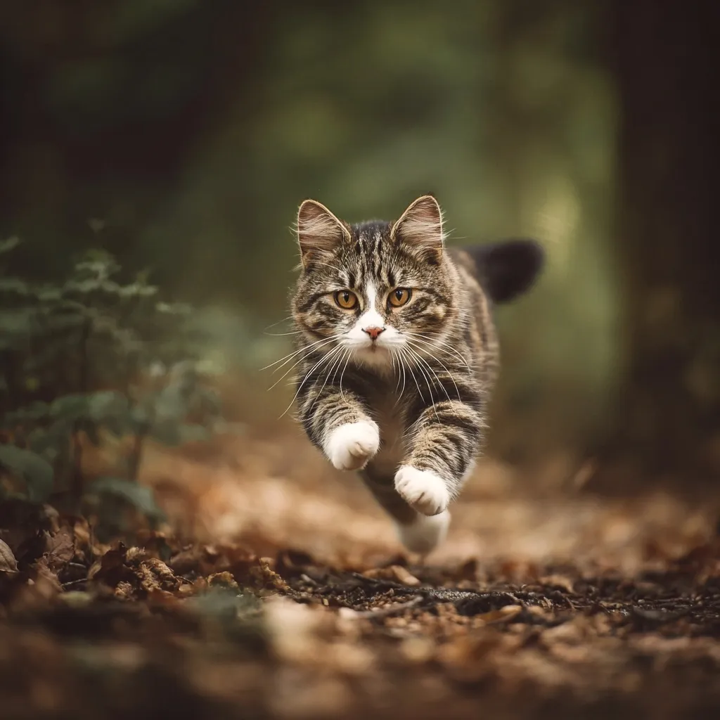 A tabby cat with white paws is captured mid-leap, sprinting towards the camera through a forest.  The background is blurred, focusing attention on the cat's determined expression and dynamic movement.  Fallen leaves cover the forest floor, adding depth and a natural setting to the image. The cat's fur is predominantly brown and grey, and its eyes are wide and alert.