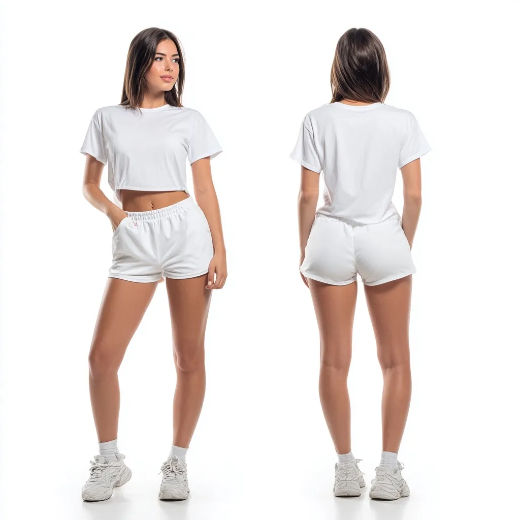 A young woman is shown from the front and back, wearing a white cropped t-shirt and matching white shorts.  The clothing is simple and athletic in style. She is wearing white sneakers and has her hands in her pockets in the front view.  The background is plain white, allowing the clothing to be the focus.