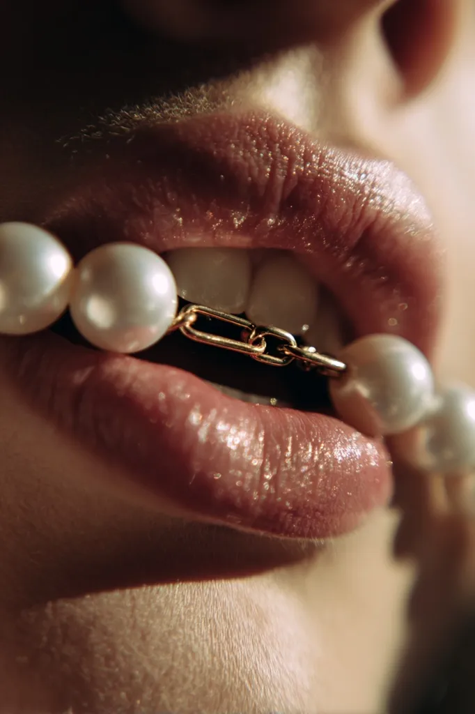 Close-up of a woman's mouth with a gold chain and pearls held between her lips.  The pearls are large and lustrous, contrasting with the glossy, nude-toned lipstick. The focus is sharp on the lips and jewelry, creating a sensual and luxurious image. The skin appears smooth and subtly highlighted.