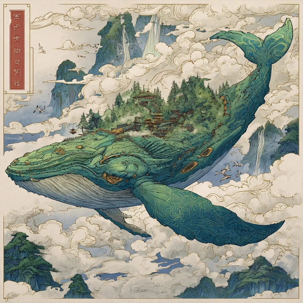 A colossal whale, intricately detailed with bio-mechanical elements, soars through a whimsical cloudscape.  Its back supports a verdant island village, complete with pagodas and trees.  Waterfalls cascade from majestic mountains in the background, creating a fantastical, serene scene reminiscent of East Asian art styles.  The image blends organic and mechanical forms in a harmonious, otherworldly vision.