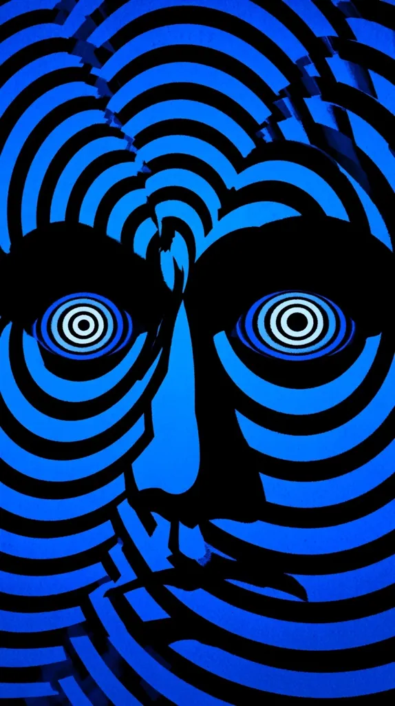 A stylized face is depicted in vibrant blue and black.  The face is composed of concentric circles, creating a hypnotic effect, particularly in the eyes which feature spiraling patterns. The overall design is abstract and bold, with sharp contrasts between the colors and the lines.  The fragmented nature of the face adds to the surreal and slightly unsettling feel.