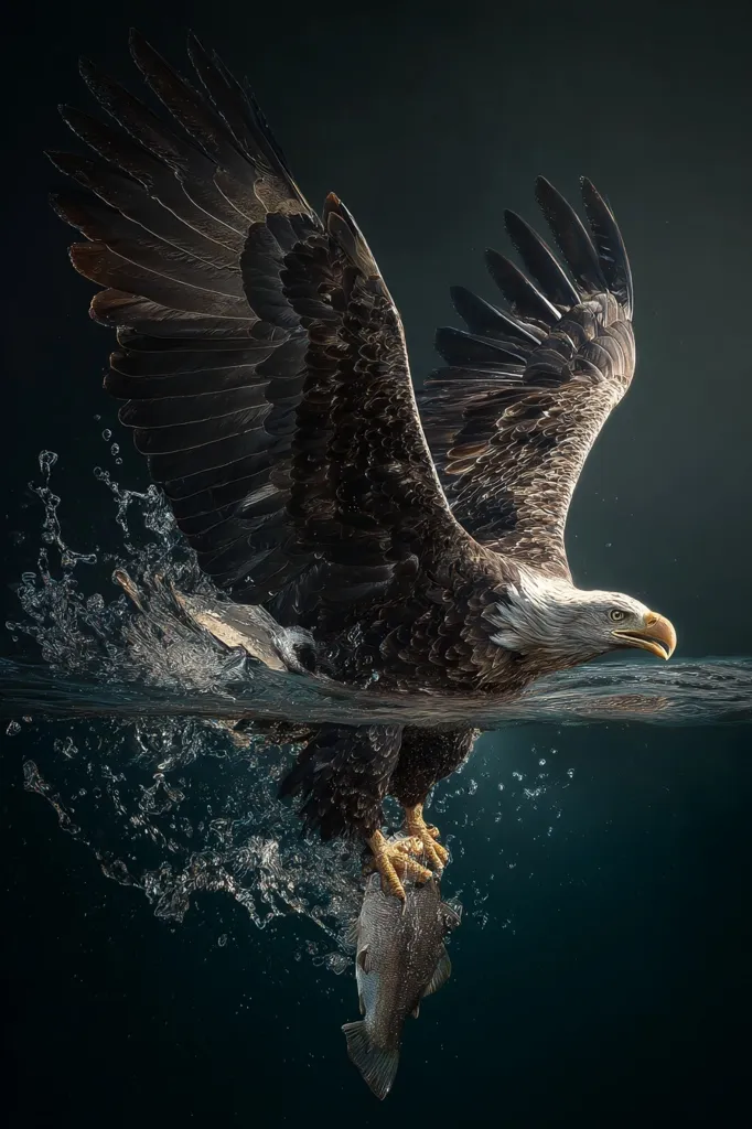 A majestic bald eagle, wings spread wide, emerges from the water, talons firmly gripping a struggling fish.  Water splashes around the eagle, creating a dynamic scene of raw power and nature's hunt. The dark background accentuates the eagle's dark plumage and the glistening wetness of its feathers.  The image captures a breathtaking moment of predatory success.