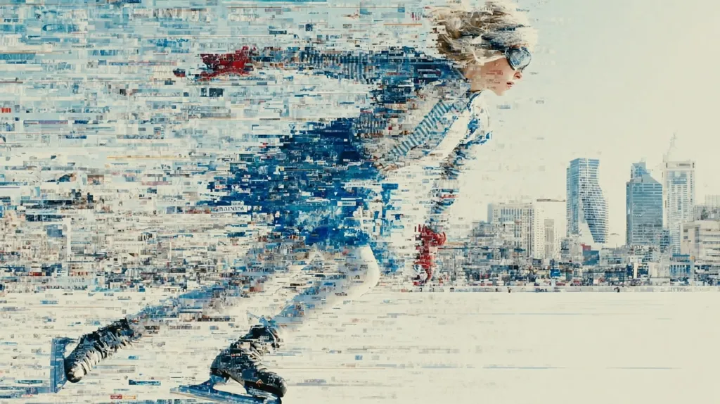 A stylized image depicts a speed skater, seemingly composed of fragmented newspaper clippings, gliding across an ice rink.  The skater, wearing a blue outfit and goggles, is in motion toward a cityscape in the background. The fragmented effect creates a sense of speed and energy, blurring the figure into a dynamic composition. The city skyline is rendered in a similar, slightly muted style.