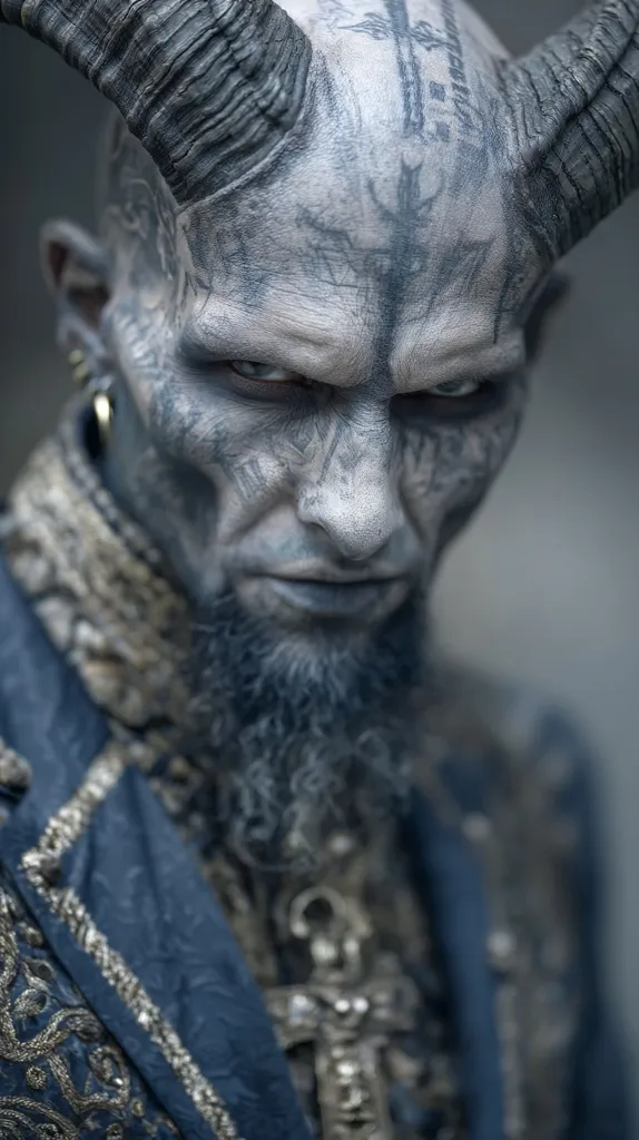 A close-up portrait reveals a man with prosthetic horns, heavily tattooed face, and a goatee. His intense gaze is accentuated by dark eyes and a stern expression.  He wears an ornate, dark blue jacket with silver detailing, suggesting a character from fantasy or gothic fiction. The overall effect is one of imposing power and otherworldly presence.