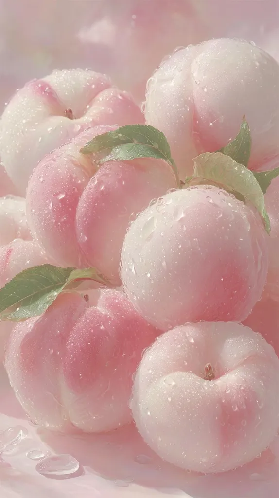 A cluster of dewy, pale pink peaches rests on a soft pink surface.  The peaches are plump and glistening, with water droplets clinging to their smooth skins.  Green leaves peek out from between the fruit, adding a touch of freshness to the delicate, pastel scene. The overall image evokes a feeling of sweetness and serenity.