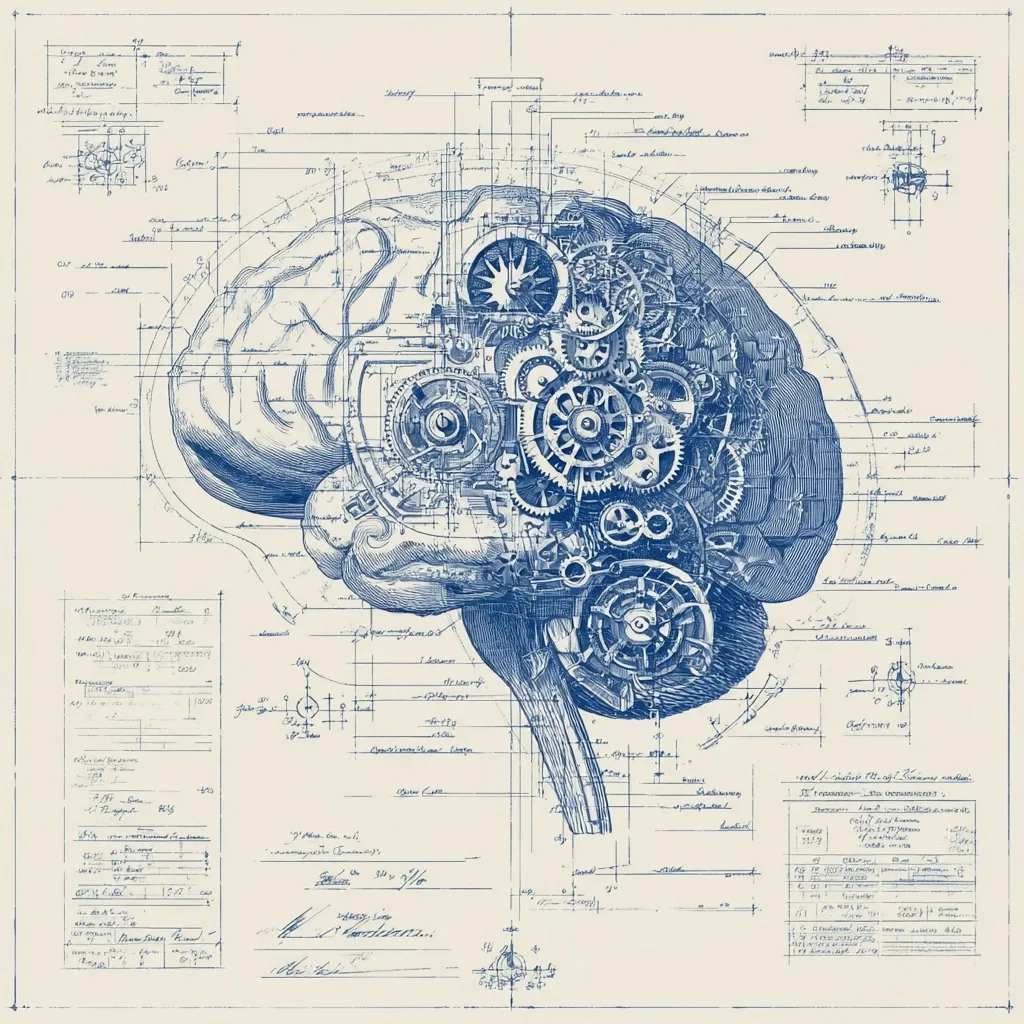 A blueprint-style image depicts a human brain intricately detailed with gears and clockwork mechanisms.  The design overlays a classic anatomical brain drawing, suggesting the complex mechanics of thought and cognition.  Technical notations and measurements are scattered across the page, enhancing the engineering aesthetic.  The color palette is predominantly blue and beige, giving it an antique or vintage feel.