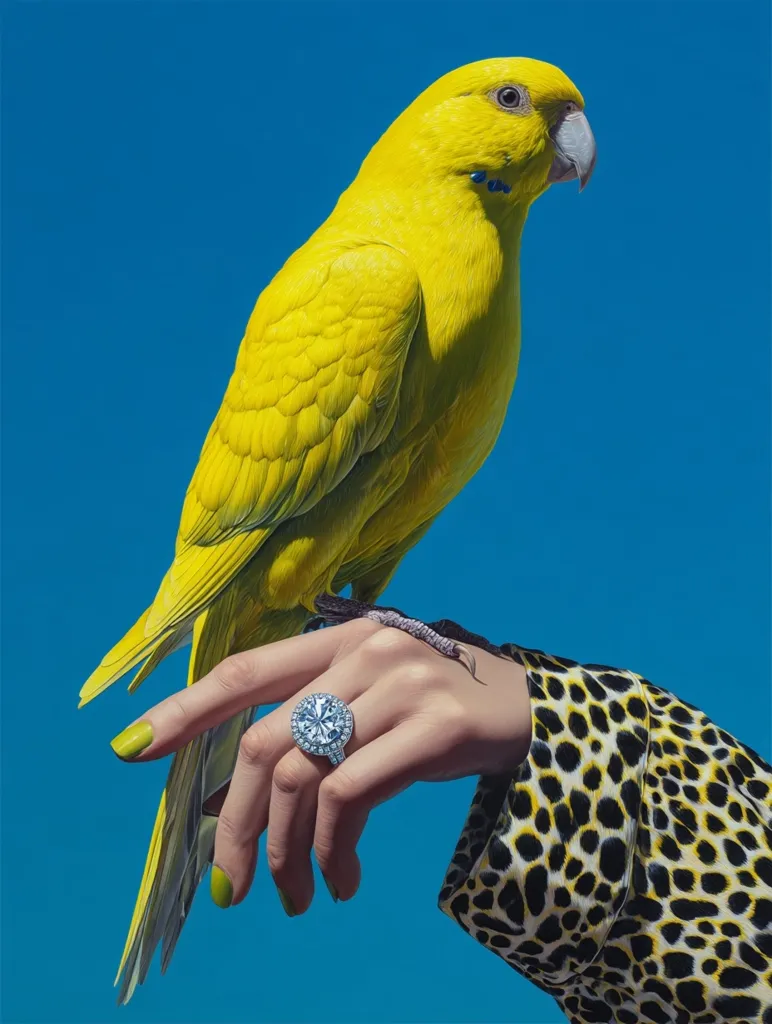 A vibrant yellow parrot perches delicately on a woman's hand adorned with a large, sparkling diamond ring.  The woman's arm is partially visible, clad in a black and yellow leopard print sleeve. The backdrop is a solid, bright blue, creating a striking contrast with the yellow bird and the gleaming jewelry.  The image is stylized and visually arresting.