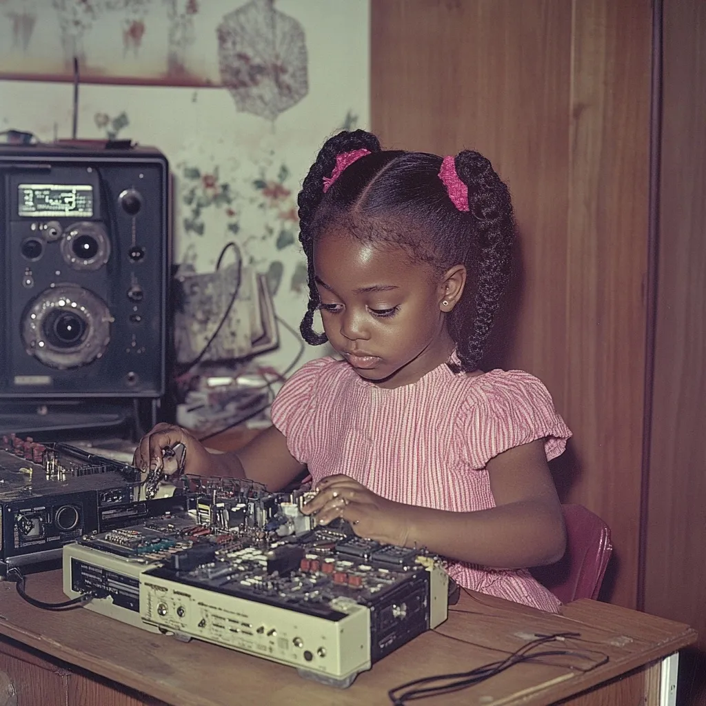 A young Black girl with pigtails sits at a wooden desk, intently working on an electronic circuit board.  She's wearing a pink and white striped dress and is carefully manipulating components.  Behind her, a vintage-style stereo sits on a surface, suggesting a home setting.  The scene depicts a child engaged in a technical task, possibly repairing or exploring electronics.
