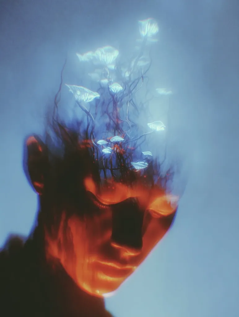 A surreal digital artwork depicts a person's head overlaid with a glowing, bioluminescent forest of mushrooms.  The mushrooms, rendered in shades of blue and white, contrast with the warm, orange tones of the face.  The image creates a dreamlike atmosphere, suggesting inner thoughts or a connection between the mind and nature.  The overall effect is both mysterious and beautiful.