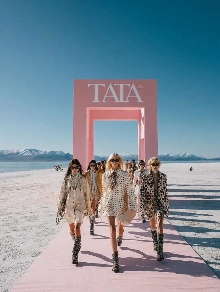A fashion show unfolds on a vast salt flat under a clear blue sky. Models strut down a pink runway, framed by a large pink archway bearing the "TATA" logo.  They showcase various styles, from trench coats to polka dot dresses and leopard print ensembles. The stark landscape contrasts beautifully with the vibrant clothing and the runway's bold color.  The scene is a dramatic and stylish display of fashion in an unexpected location.