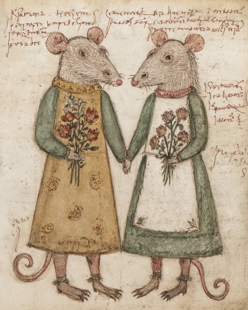 A charming illustration depicts two anthropomorphic mice, dressed in quaint attire, holding hands.  The mice, delicately rendered, wear simple dresses and aprons, adorned with small floral bouquets.  Their expressions are gentle, conveying a sense of companionship.  The background features faded writing, adding to the image's antique charm. The style is reminiscent of folk art, with a naive and endearing aesthetic.