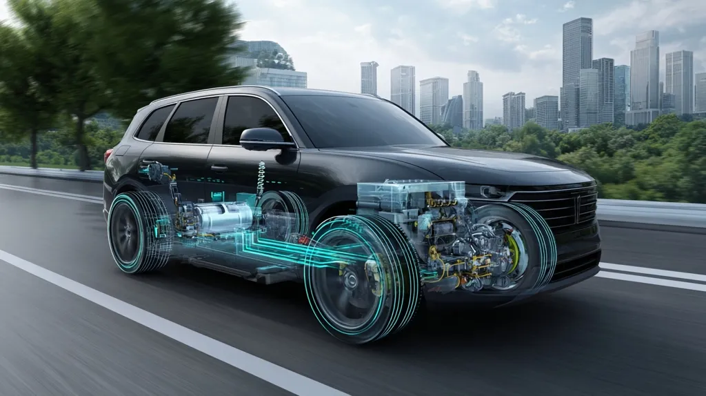 A dark-colored SUV drives on a highway, showcasing its internal components through a transparent overlay.  The cutaway view reveals the electric motor, battery, and other key parts of the vehicle's powertrain. The backdrop is a modern city skyline, emphasizing the vehicle's integration into an urban environment. The image highlights the technology and design of an electric or hybrid vehicle.