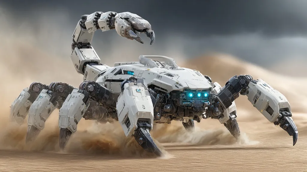 A large, white, scorpion-like robot traverses a sandy desert landscape.  Its mechanical limbs are intricately detailed, kicking up dust as it moves. The robot's body is armored and features glowing blue lights. The overall design is futuristic and imposing, suggesting a powerful, technologically advanced machine.