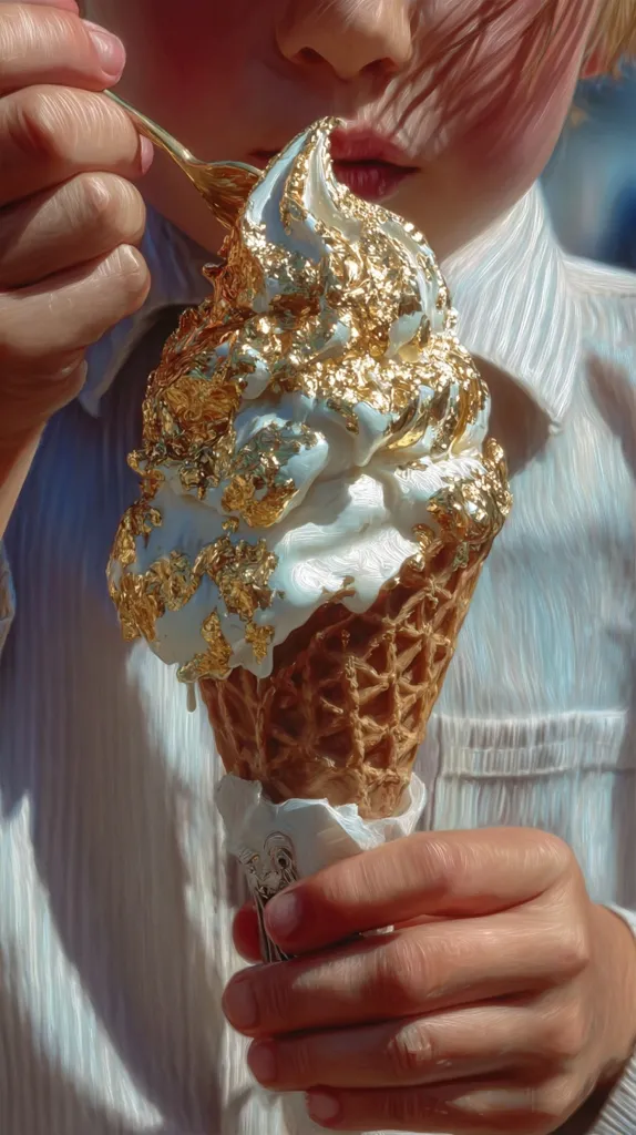 A child's hands delicately hold a waffle cone overflowing with creamy white ice cream lavishly adorned with edible gold leaf. Sunlight illuminates the scene, highlighting the richness of the dessert and the child's joyful expression as they savor each bite.  The image is rendered with a painterly style, emphasizing texture and light.