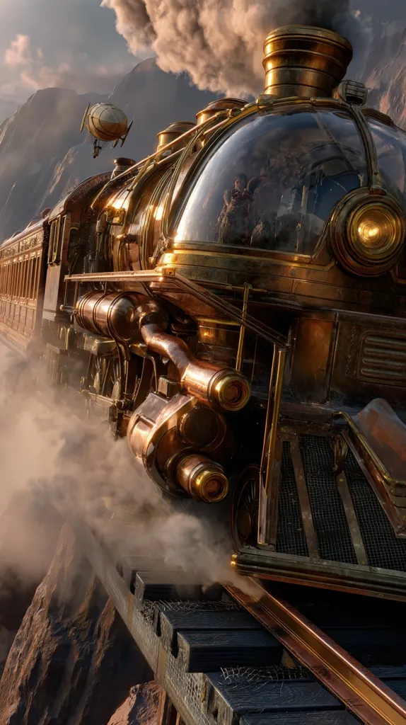 A majestic, ornate steam train, gleaming gold and copper, chugs along a high mountain railway.  Smoke billows behind it, obscuring the rugged landscape below.  A small airship is visible in the distance, adding to the fantastical, steampunk aesthetic of the scene.  The train's passengers are visible within its large, glass-fronted cabin.