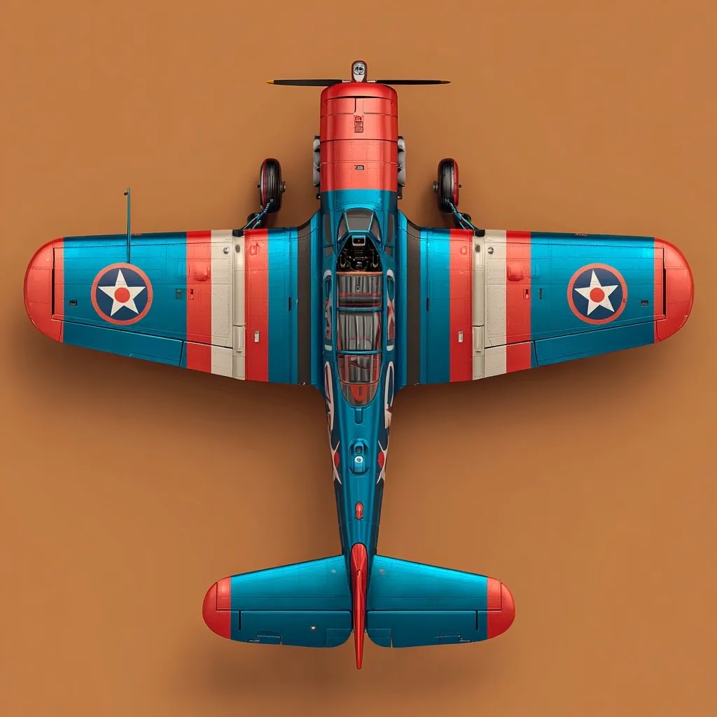 A vintage-style propeller plane, predominantly blue with red and white stripes, is depicted from a bird's-eye view against a muted orange background.  The aircraft features prominent star insignias on its wings, suggesting a patriotic theme.  Its design appears meticulously detailed, with visible propeller and landing gear. The overall aesthetic blends retro charm with a modern, clean rendering.