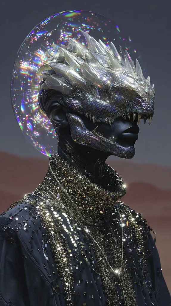 A mannequin wears a futuristic, iridescent dragon-like helmet adorned with a shimmering bubble halo.  The outfit features a dark, sequined top and jacket, creating a striking contrast against the metallic helmet. The overall aesthetic is otherworldly and glamorous, blending high fashion with fantasy elements. The background suggests a desert landscape, enhancing the surreal quality of the image.