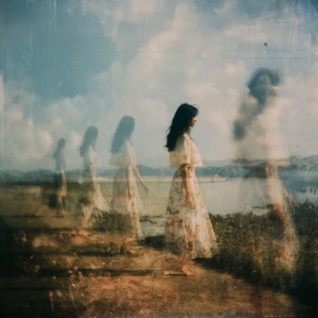 A dreamy, ethereal image depicts a young woman in a floral dress walking by a calm body of water.  Multiple translucent figures of her trail behind, creating a sense of movement and time. The background is a soft, hazy sky and landscape, enhancing the surreal and wistful atmosphere.  The overall effect is one of gentle mystery and introspection.