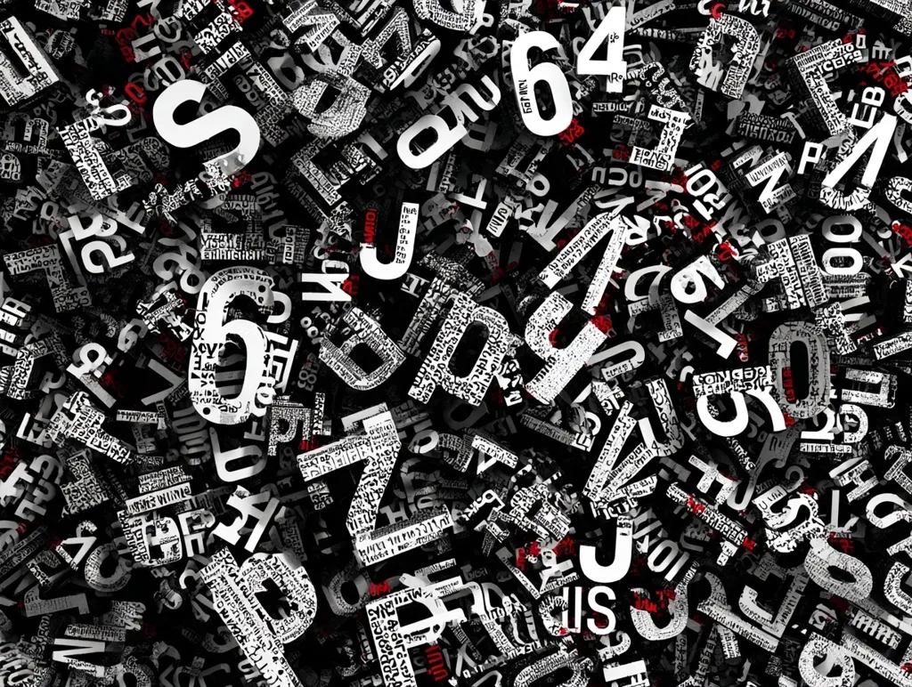 A chaotic jumble of numbers and letters forms a dense, abstract background.  Predominantly black and white, with splashes of red, the text is illegible, creating a visually overwhelming effect of overlapping typography. The image suggests a sense of overwhelming information or data overload.  The 3D rendered letters and numbers add depth to the pattern.