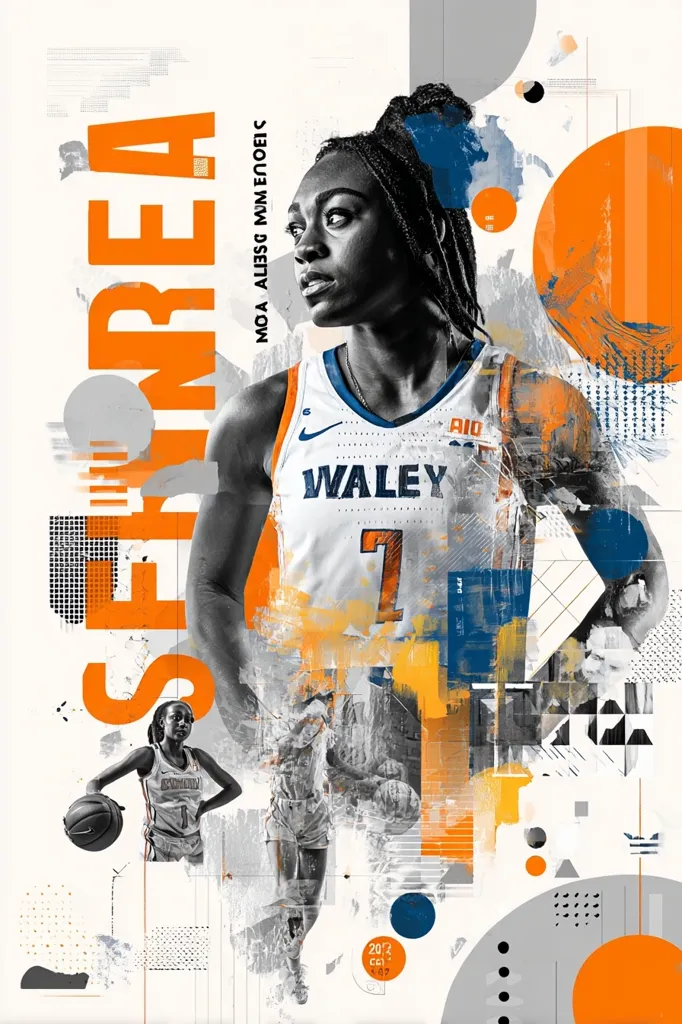 A vibrant, abstract collage features Moa Aijesg Mmeneic, a female basketball player.  Her name is prominently displayed in bold orange lettering.  She's depicted in a grayscale basketball uniform with orange accents, overlaid with geometric shapes and paint splatters. Smaller images of other players add depth, creating a dynamic and energetic poster.  The overall design blends sporty energy with artistic expression.