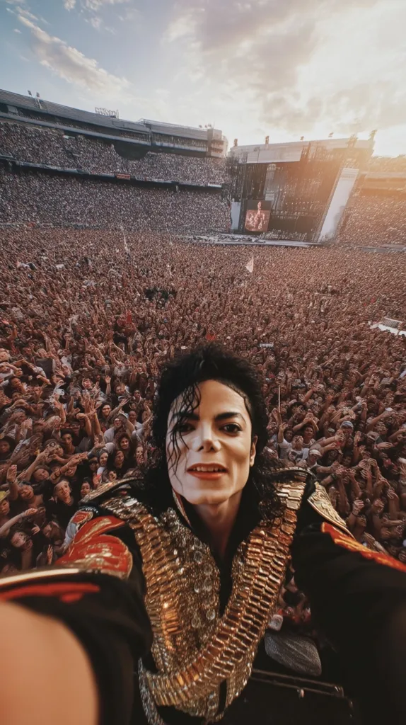 Michael Jackson, in his iconic gold-studded jacket, takes a selfie-style photograph from the stage.  Behind him, a massive stadium is packed with a sea of enthusiastic fans, their hands raised in adoration. The image captures the immense scale of a sold-out concert and the King of Pop's close connection with his audience.  The sky is partly cloudy, with sunlight illuminating the scene.