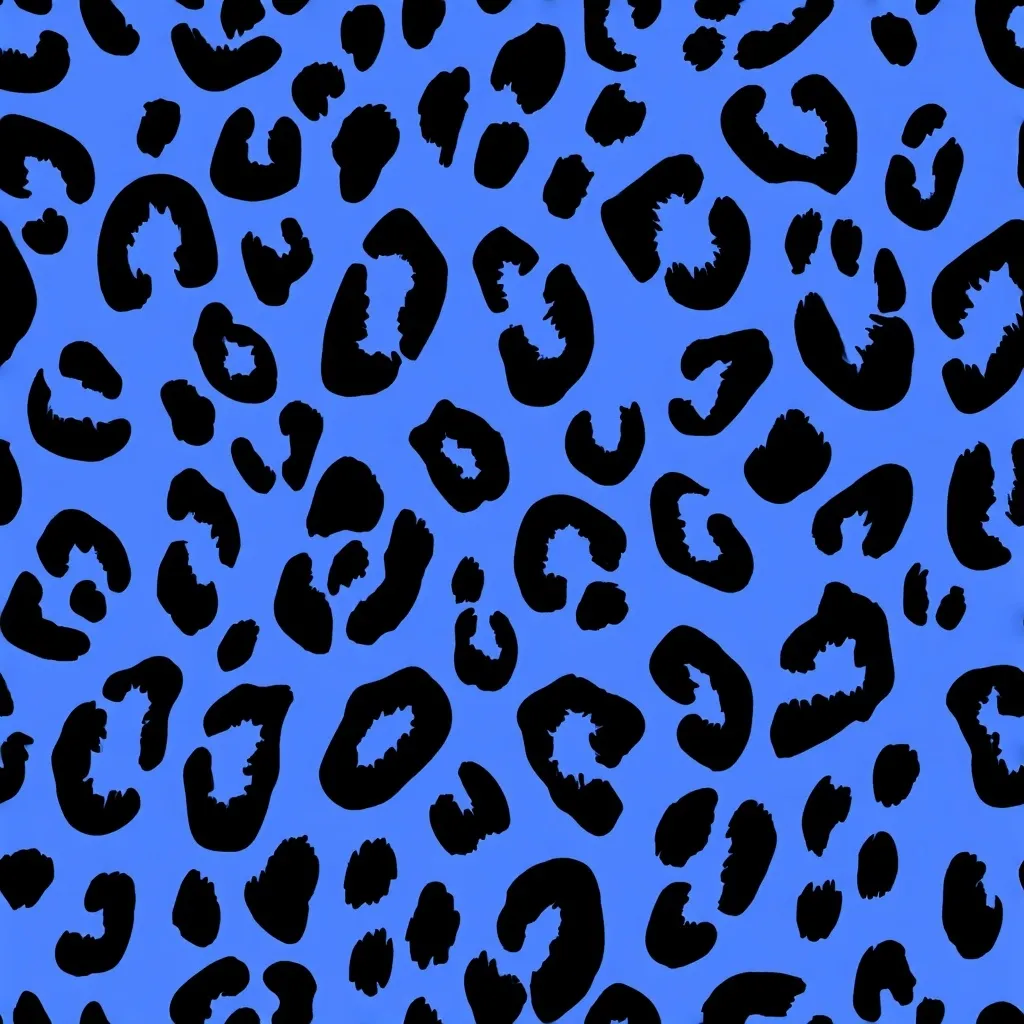 The image shows a seamless pattern of black leopard spots on a bright blue background. The spots are irregularly shaped and vary slightly in size, creating a dynamic and energetic design.  The bold contrast between the black and blue makes the pattern visually striking and suitable for various applications, such as fashion, textiles, or wallpaper.