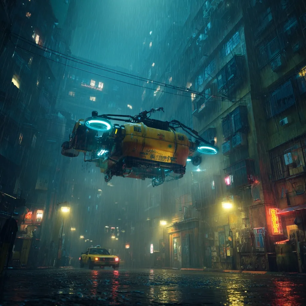 A futuristic yellow drone-like vehicle hovers above a rain-soaked, neon-lit city street.  Tall, densely packed buildings line the alleyway, their surfaces weathered and showing signs of age. A yellow taxi navigates the wet road below, dwarfed by the imposing flying craft. The scene is dark, moody, and evocative of a cyberpunk aesthetic.  Rain falls heavily, reflecting the city lights on the glistening street.