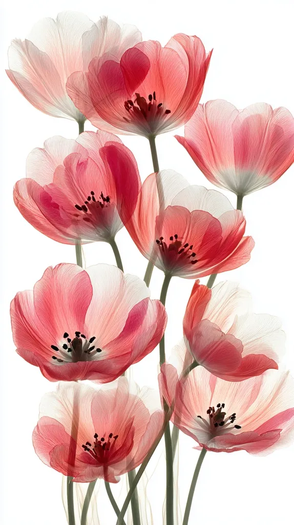 A cluster of delicate, translucent pink poppies blossoms against a stark white background.  The petals appear almost ethereal, with visible veins and a soft, watercolor-like effect.  The flowers are in various stages of bloom, creating a visually stunning display of natural beauty.  The stems are slender and gracefully arranged, enhancing the overall aesthetic.