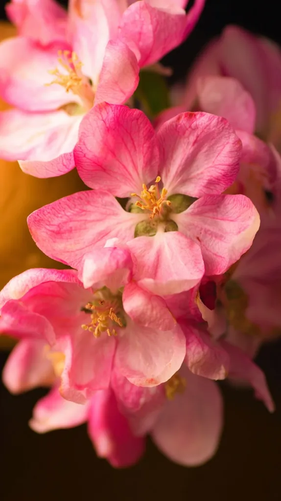 A close-up shot reveals a cluster of delicate pink apple blossoms.  Their soft petals, tinged with deeper pink at the edges, surround golden-yellow stamens.  The blossoms are densely arranged, creating a profusion of color against a dark background.  The image focuses on the intricate details of the flowers, highlighting their delicate texture and vibrant hues.