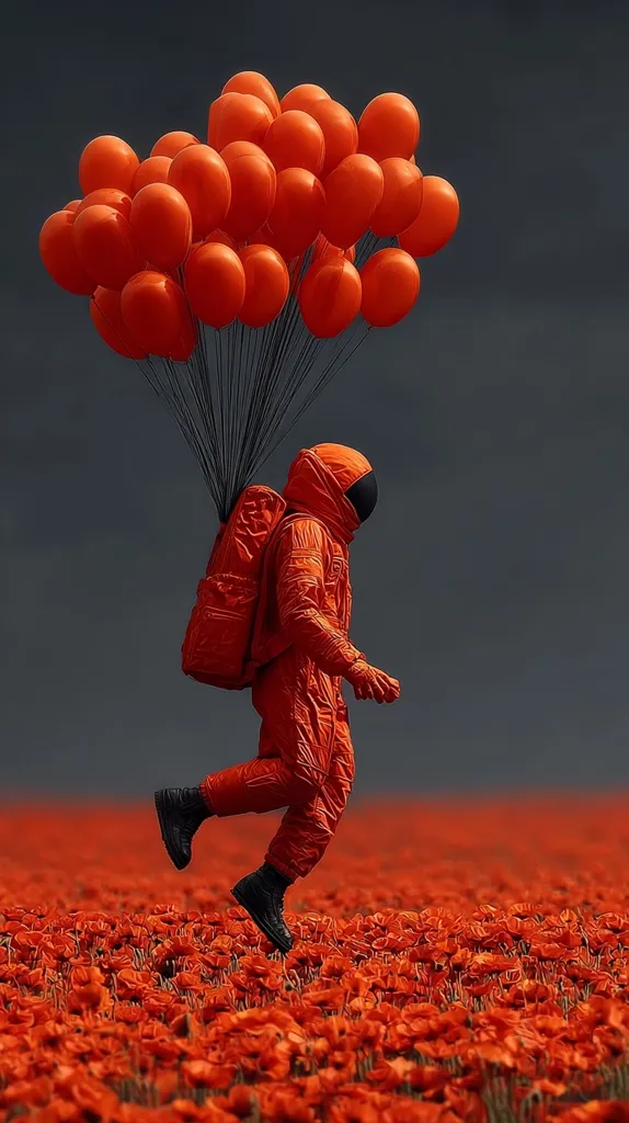 An astronaut in an orange spacesuit runs across a field of vibrant orange poppies.  A large bunch of orange balloons acts as a parachute, gently lowering the astronaut to the ground. The dark grey sky provides a dramatic contrast to the intense orange hues of the landscape and the astronaut's attire, creating a surreal and visually striking scene.