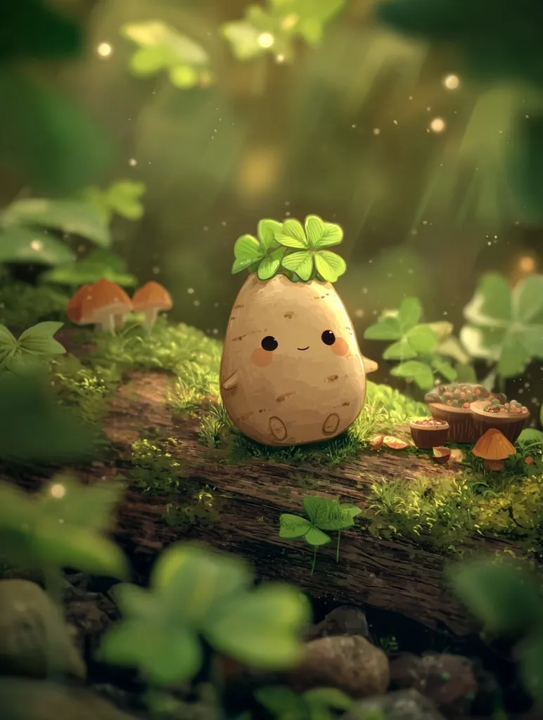 A charming illustration depicts a potato character with a four-leaf clover atop its head, sitting on a mossy log in a whimsical forest.  Small mushrooms and clover leaves surround it, creating a magical, fairytale-like scene. The potato has a cheerful expression, adding to the overall cute and heartwarming aesthetic. Soft lighting and a muted color palette enhance the peaceful atmosphere.