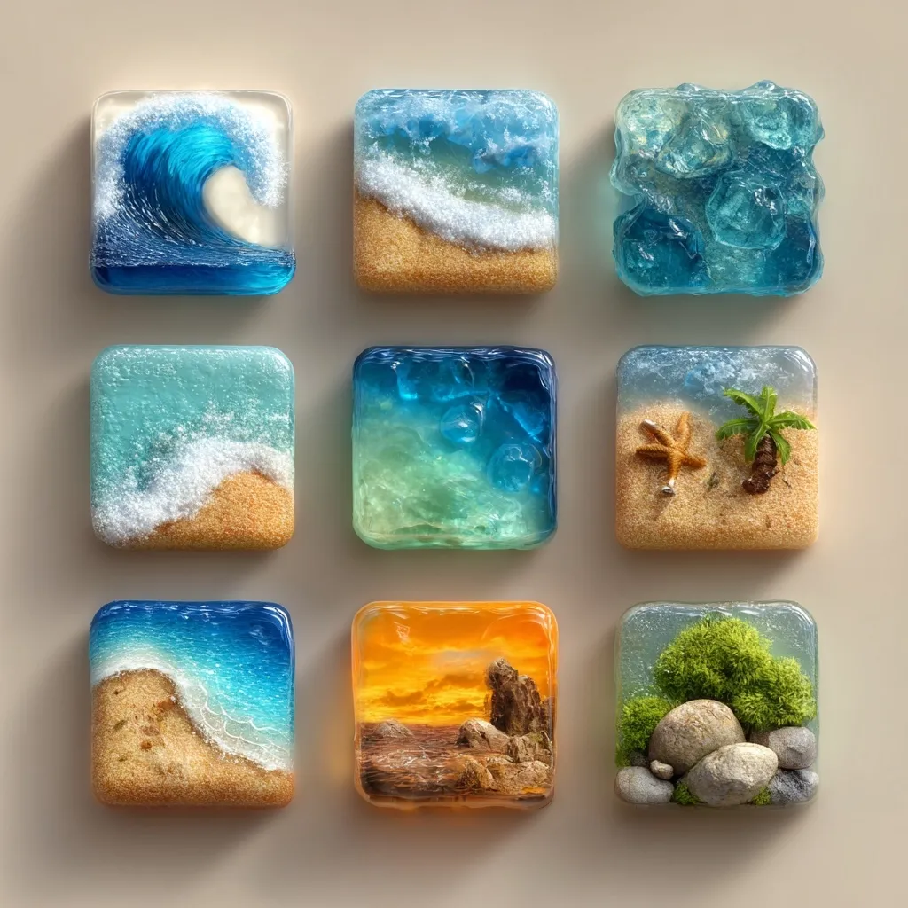 Nine square resin artworks depict various beach scenes.  Each square features a unique coastal element: crashing waves, gentle surf, underwater views, a tranquil beach with a starfish and palm tree, a sunset over rocks, and a rocky shoreline with moss.  The pieces are meticulously crafted, capturing the textures and colors of the ocean and beach with realistic detail.  They are arranged in a grid pattern, creating a visually appealing collection.