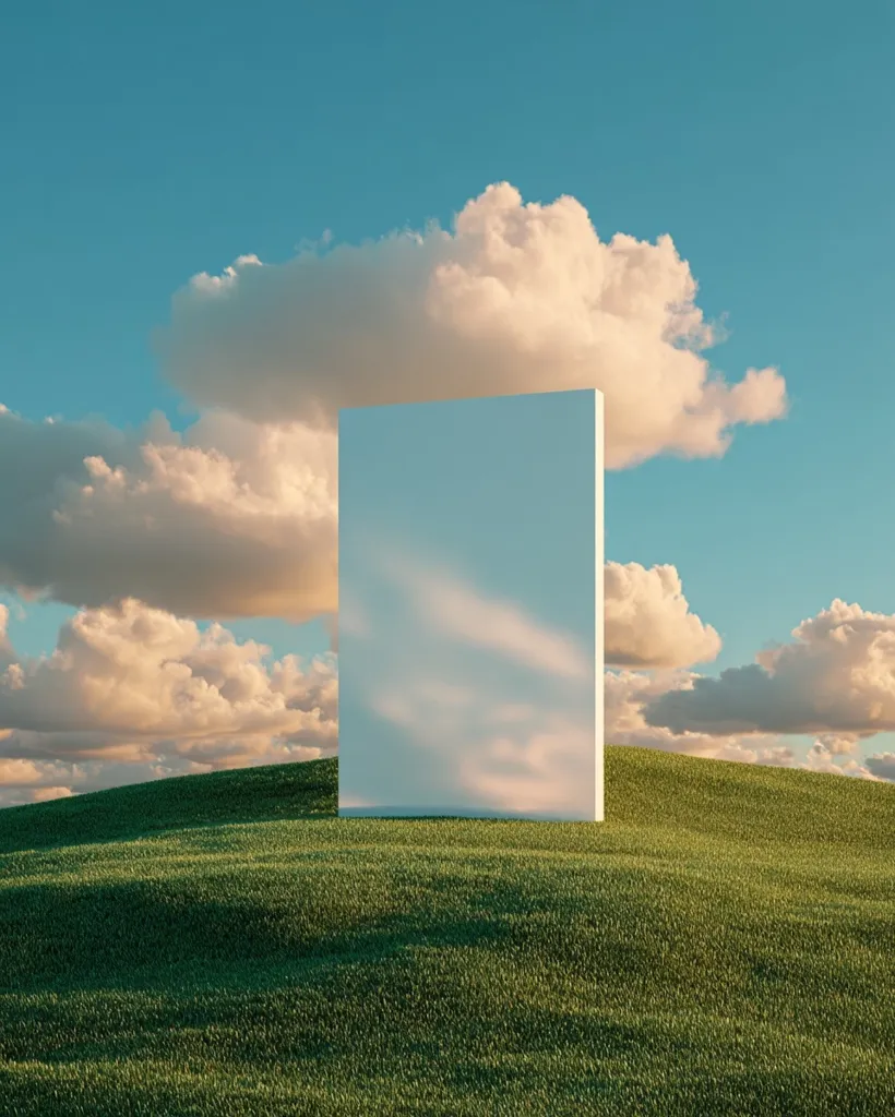 A tall, white rectangular structure stands on a gently rolling green hill under a pastel sky.  Soft, fluffy clouds drift across the expanse of blue. The scene is peaceful and serene, suggesting a minimalist landscape. The blank surface of the structure invites contemplation or potential use as a billboard or sign. The overall mood is calm and idyllic.